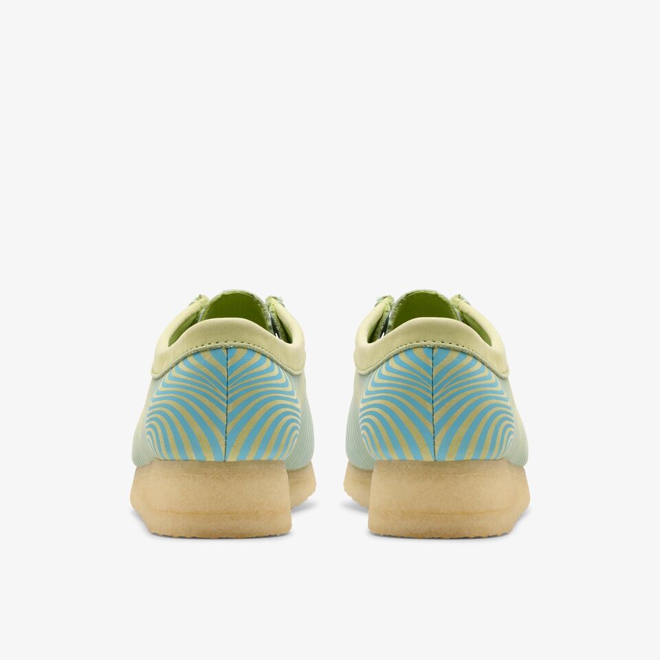  Blue and lime printed Clarks Women Wallabee 26175834 shoes on white background 